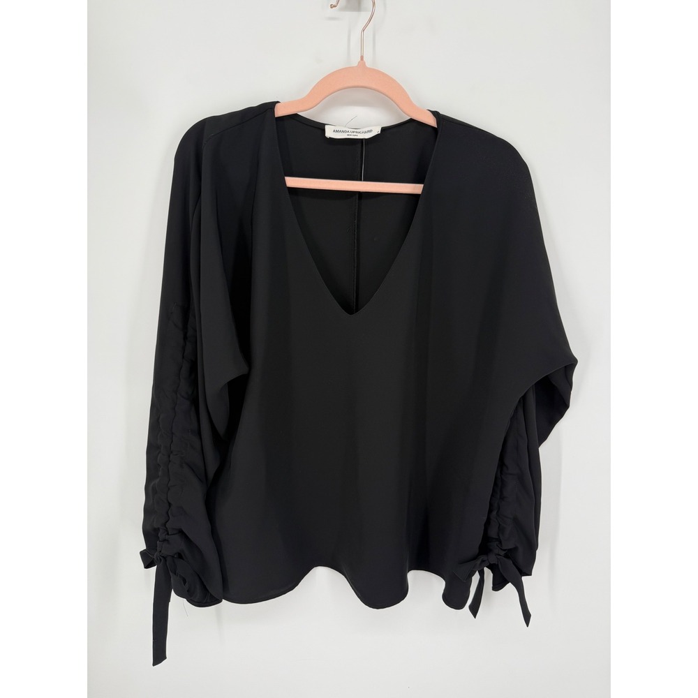 Amanda Uprichard Blouse Women Medium Black Ruched Tie Cuff V-Neck Relaxed Fit